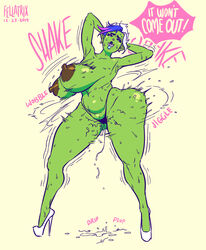 1girls ass big_breasts big_butt bodily_fluids breasts clothed clothing fangs fantasy fellatrix female female_only genital_fluids green_skin hi_res humanoid orc orc_female pussy_juice solo solo_female swinging_breasts text topless tusks vem watermark