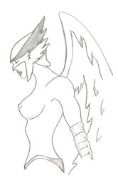 1girls artist_request bottomless breasts closed_eyes dc female female_only hawkgirl kendra_saunders mask monochrome nipples solo tagme topless wings