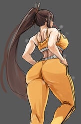 1girls ass back big_ass bra breasts brown_eyes brown_hair bubble_tea bubble_tea_challenge drink drinking drinking_straw drinking_straw_in_mouth dryseaweed english_text female from_behind grey_background highres hime_cut huge_ass large_breasts last_origin long_hair looking_away midriff object_on_breast pants ponytail seductive simple_background solo sports_bra sportswear tiequan_(last_origin) underwear very_long_hair yoga_pants