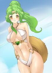 1girls alternate_costume beach big_breasts bikini breasts deekei elincia_ridell_crimea fire_emblem fire_emblem:_path_of_radiance fire_emblem:_radiant_dawn green_hair happy hat sideboob smile solo solo_female stomach summer swimsuit thick_thighs thighs torso white_bikini white_swimsuit yellow_eyes