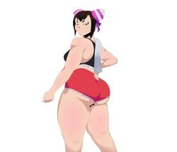 >:) barrybbeesly black_bra black_hair exercise huge_ass juri_han red_shorts shorts smug sports_bra street_fighter sweat sweaty thick_thighs towel_on_shoulder