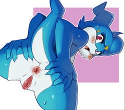 5_fingers anthro anus blue_body bodily_fluids claws digimon digimon_(species) fangs female fingers genitals markings mcfli multicolored_body presenting presenting_pussy pussy red_eyes reptile scalie solo sweat sweatdrop veemon white_body