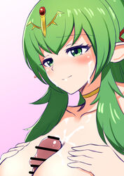 1girls censored cum cum_on_breasts cum_on_face fire_emblem fire_emblem_awakening green_eyes green_hair hondaranya large_breasts nintendo out-of-frame_censoring paizuri pointy_ears smile tiki_(adult)_(fire_emblem) tiki_(fire_emblem)