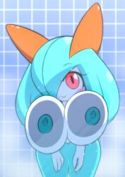 1girls against_glass anthro big_breasts breast_press breasts breasts_on_glass completely_nude hair_over_one_eye huge_breasts k--10 kirlia large_breasts looking_at_viewer nintendo nude pokémon_(species) pokemon pokemon_(species) red_eyes rui_(sugaru) shiny_pokemon shower smile solo solo_female solo_focus wet