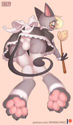 4_toes 5_fingers :3 animal_crossing anthro ass ball_bulge bent_over big_butt blonde_hair blush brown_eyes bulge claws clothed clothing crossdressing domestic_cat eyewear feather_duster feet felid feline felis fingers fur girly glasses grey_body grey_fur hair hi_res kneeling looking_at_viewer looking_back maid maid_uniform male mammal nintendo panties pawpads paws pink_background raymond_(animal_crossing) rear_view simple_background smile solo sparklyon3 tan_background text thick_thighs toes underwear uniform url video_games wide_hips