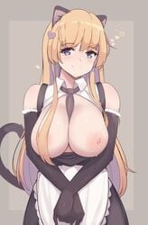 1girls animal_ears bangs between_breasts black_gloves black_neckwear blonde_hair blue_eyes blush breasts breasts_out brown_background cat_ears cat_tail closed_mouth earrings elbow_gloves eyebrows_visible_through_hair female folait gloves hair_ornament heart heart_hair_ornament highres jewelry lactation large_breasts light-skinned_female light_skin long_hair looking_at_viewer maid nipples original smile solo tail two-tone_background