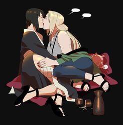 1animal 2girls alcohol ass before_sex big_ass black_hair blonde_hair closed_eyes drunk feet female_only hand_on_thigh kimono kissing legs lipstick long_hair makeup multiple_girls nail_polish naruto naruto_(series) naruto_shippuden open_mouth open_toe_shoes pchwan pig shizune sleeping sweat toes tongue_kiss tongue_out tonton tsunade yuri