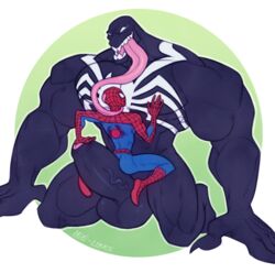 2boys clothed cute erection gay human leelikessmut male male_only marvel masked muscular nude peter_parker sitting_on_penis size_difference smooth_skin spandex spider-man spider-man_(series) superhero tight_clothing tongue_out venom_(marvel) yaoi