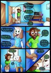 absurd_res angel_(character) angel_(lechugansfw) anthro bedroom canid canine canis comic daniel domestic_dog female green_eyes hi_res humanoid inside lechugansfw male male/female mammal pink_blush purple_eyes room spanish_text speech_bubble text translated wolf