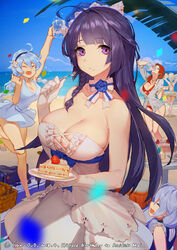 beach big_breasts cake cleavage eating eyebrows_visible_through_hair han-0v0 honkai_impact_3rd kiana_kaslana long_hair purple_eyes purple_hair raiden_mei wedding_dress