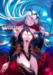 absurdres astrid_von_draclow_(evertale) asymmetrical_legwear breasts chains cleavage evertale female flower highres long_hair navel red_eyes rose silver_hair very_long_hair