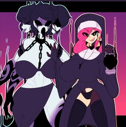 2girls big_ass big_breasts breasts chains clothed clothing demon demon_girl duo female female_only fully_clothed human humanoid light-skinned_female light_skin no_pupils nun pale_skin ray54612277 standing thick_thighs thighhighs white_body white_skin wide_hips