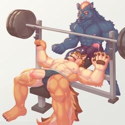 abs anthro barrel_(live-a-hero) blush bodily_fluids canid canine canis dumbbell duo erection exercise fire flaming_hair flaming_mane furlong_(live-a-hero) genital_fluids genitals hyaenid live-a-hero male male/male mammal muscular muscular_anthro muscular_male nipples pecs penis poking_out precum pseudo_hair pseudo_mane ronci weightlifting weights wolf workout