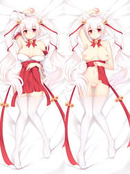 animal_ears breasts color dakimakura female female_only hakama hakama_skirt large_breasts miko nipples no_bra nopan on_back p-a-cheng pussy skirt_lift solo tagme thighhighs topless uncensored undressing