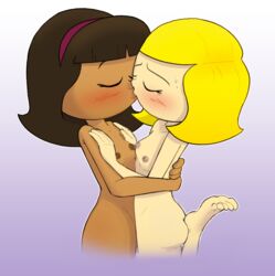 2girls becky_botsford best_friends closed_eyes completely_nude female_only foot_up interracial kissing mannysdirt multiple_girls pbskids small_breasts violet_heaslip wordgirl yuri