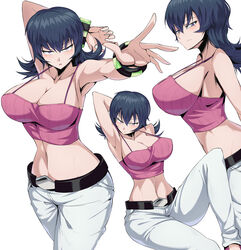 1girls 5_fingers alternate_breast_size armpits bare_shoulders belly belly_button belt big_breasts blue_hair bracelet bracelets breasts cleavage colored crop_top female female_only game_freak gym_leader hips horny huge_breasts human jeans large_breasts looking_at_viewer navel nintendo pokemon pokemon_hgss pose posing purple_eyes sabrina_(pokemon) sabrina_(pokemon_hgss) seductive seductive_eyes seductive_look short_hair sitting solo solo_female standing straps stretching suzusiigasuki tagme thick thick_thighs thighs tubetop voluptuous wide_hips wristband