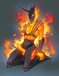 1boy armor atronach bethesda_softworks demon erection fire flame_atronach glowing_body helmet kneeling kora-jo male_only morrowind penis penis_out simple_background solo the_elder_scrolls video_games