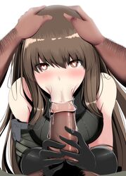 :>= blowjob_face brown_hair drooling enjoying fellatio girls'_frontline handjob heart-shaped_pupils m4a1_(girls'_frontline) no_eyewear oral sucking tagme tagme_(artist)