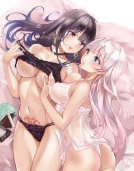 2girls ass bangs black_hair blue_eyes blush bra breasts breasts_out choker collarbone earrings highres jewelry koji_(kojikojimdw) large_breasts lingerie long_hair multiple_girls navel original panties pink_hair pink_nails purple_eyes sweat underboob underwear yuri