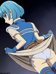 1girls ass back_view blue_eyes blue_hair blue_panties emotionless expressionless fingerless_gloves fire_emblem fire_emblem:_the_binding_blade gloves lifted_by_self looking_at_viewer looking_back medium_hair nalu_(artist) nintendo panties skirt_lift solo solo_female thea_(fire_emblem) upskirt