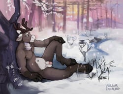 1boy anthro antlers balls brown_body brown_fur capreoline cervid chest_tuft flaccid fur genitals gloves_(marking) hooves horn humanoid_genitalia humanoid_penis male male_only mammal markings navel nude outside penis plant reindeer snow solo tree tuft vulgarstarling white_body white_fur