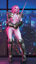 armor armored_boots armored_gloves artist_name big_lips big_mouth boots breasts cityscape cleft_of_venus elbow_pads female female_only front_view full_body functionally_nude gauntlets holding_sword holding_weapon knight long_hair looking_at_viewer night nipples pink_hair pink_lips pink_nipples pointless_armor pussy shaped_pubic_hair shoulder_armor shoulder_pads skyscraper slim solo subtle_pussy sword tactical_nudity thick_lips uncensored unconvincing_armor unimun weapon