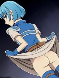 1girls ass back_view blue_eyes blue_hair emotionless expressionless fingerless_gloves fire_emblem fire_emblem:_the_binding_blade gloves lifted_by_self looking_at_viewer looking_back medium_hair nalu_(artist) nintendo no_panties skirt_lift solo solo_female thea_(fire_emblem) upskirt