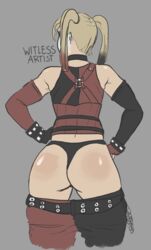 1girls ass ass_focus back_view batman:_arkham_city batman_(series) blonde_hair dat_ass dc exposed_ass female female_only harley_quinn harley_quinn_(arkham) pants_down pants_pull solo solo_female spankable thong twintails witlessartist