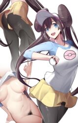 1girls alternate_version_available areolae ass big_ass black_leggings blue_eyes breasts brown_hair double_bun female hat holding_object holding_poke_ball leggings long_hair nintendo nipples pale-skinned_female pale_skin pokemon pokemon_bw pokemon_bw2 pubic_hair rosa_(pokemon) sha_(amfil100) skirt thighs twintails white_background