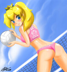 00s 1girls 2000s 2008 ass beach blonde_hair blue_eyes blush clothing crown female female_only holding_object human human_only john_joseco looking_at_viewer looking_back mario_(series) nintendo pink_bikini pink_thong ponytail princess_peach shiny_skin solo sports_bra thighs thong volleyball