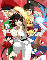 8girls armpits asuka_(senran_kagura) balrog_(cosplay) big_breasts black_hair blonde_hair blue_eyes blue_hair breasts brown_eyes brown_hair cammy_white_(cosplay) chun-li_(cosplay) cosplay crossover female female_only green_eyes green_hair hair_ribbon heterochromia hikage_(senran_kagura) homura_(senran_kagura) ikaruga_(senran_kagura) juri_han_(cosplay) katsuragi_(senran_kagura) ken_masters_(cosplay) large_breasts m_bison_(cosplay) miyabi_(senran_kagura) ryoubi_(senran_kagura) ryu_(street_fighter)_(cosplay) senran_kagura senran_kagura_(series) soulkibble street_fighter vega_(street_fighter)_(cosplay) white_hair yellow_eyes yozakura_(senran_kagura)