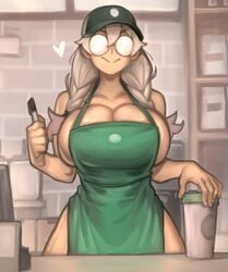 1girls apron barista big_breasts braided_twintails breasts cleavage employee employee_uniform eye_contact female female_only glasses hat huge_breasts iced_latte_with_breast_milk kelvin_hiu large_breasts looking_at_viewer meme naked_apron original original_character sideboob solo solo_female starbucks twintails violet_(kelvin_hiu) wide_hips