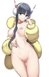 1girls abs alternate_breast_size areolae belly black_hair blue_eyes blue_nails blush breasts clothing coat elesa_(pokemon) elesa_(pokemon_bw2) eye_contact female female_only game_freak gym_leader headphones highres human legs_together long_hair looking_at_viewer navel nintendo nipples no_eyewear nude pokemon pokemon_bw2 pussy sha_(amfil100) solo solo_female thigh_gap wide_hips yellow_coat