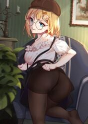 anus ass bangs blonde_hair blue_eyes blush breasts chair deerstalker faicha female hair_ornament hat hololive hololive_english hololive_myth large_breasts long_sleeves looking_at_viewer looking_back monocle_hair_ornament no_panties plant potted_plant pussy short_hair smile thighs virtual_youtuber watson_amelia