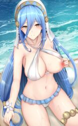 1girls alternate_costume aqua_hair azura_(fire_emblem) bare_shoulders beach big_breasts bikini blue_hair chiyo_(pk19981234) collarbone fire_emblem fire_emblem_fates flashing from_above hair_between_eyes large_breasts long_hair looking_at_viewer looking_up nintendo nipples ocean seaside sideboob smile solo solo_female swimsuit teasing very_long_hair wet white_bikini white_swimsuit yellow_eyes