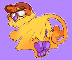 <3_eyes 4_toes 6:5 absurd_res anthro anus ass blush bugsnax clothing digital_media_(artwork) eyewear feet female foot_focus freckles fur genitals glasses grumpus hat headgear headwear heart hi_res pawpads paws presenting presenting_anus presenting_hindquarters presenting_pussy purple_eyes purple_pawpads purple_pussy pussy simple_background sirtoasterbutt smile snorpington_fizzlebean snorpy solo toes tusks video_games yellow_body yellow_fur