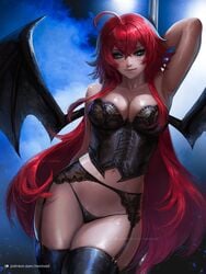 big_breasts bustier corset demon_girl high_school_dxd nextoad red_hair rias_gremory stockings thick_thighs tight_clothing