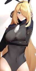 1girls blonde_hair breasts bunny_ears bunnysuit clothed clothing cynthia_(pokemon) dark_eyes game_freak hair_over_one_eye nintendo nipples_visible_through_clothing pokemon sha_(amfil100) solo solo_female stomach tagme thighs translucent_clothing