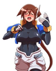 1girls aile black_bodysuit blush bodysuit breasts brown_hair closed_eyes jacket large_breasts long_hair mega_man mega_man_zx_advent noburockman open_jacket open_mouth ponytail shorts solo solo_female sweat sweating tagme