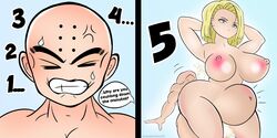 android_18 big_ass big_breasts big_butt breasts cum cum_overflow dialogue dragon_ball dragon_ball_z huge_breasts inflation krillin kuririn moderngero56 no_eyewear sex simple_background