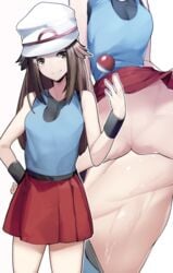 brown_eyes brown_hair hat leaf_(pokemon) pokemon pussy sha_(amfil100) skirt_lift smiling sweat tagme