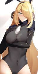 1girls blonde_hair breasts bunny_ears bunnysuit bush cynthia_(pokemon) dark_eyes game_freak hair_over_one_eye nintendo nipples_visible_through_clothing pokemon pubic_hair sha_(amfil100) solo solo_female stomach tagme thighs translucent_clothing