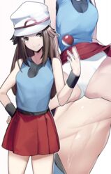 brown_eyes brown_hair hat leaf_(pokemon) nintendo pokemon pokemon_frlg sha_(amfil100) skirt_lift smiling sweat tagme white_panties