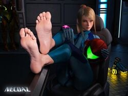 3d armor barefoot big_ass big_feet blonde_hair blue_eyes bodysuit cameltoe feet feet_on_table feet_together foot_fetish foot_focus helmet helmet_removed helmet_with_visor highres looking_at_viewer metroid necdaz91 nintendo presenting_feet samus_aran varia_suit varia_suit_helmet zero_suit zero_suit_samus