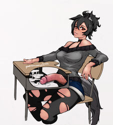 1futa 2020 animal_ears big_penis black_hair breasts clothed clothing cum dickgirl futa_only futanari human humanoid_penis ithinkaboutthisoften looking_at_viewer mostly_clothed orange_eyes partially_clothed penis_out shorts sitting solo solo_futa stockings tail torn_clothes torn_clothing veiny_penis white_background