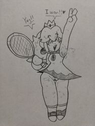 armpits bahamutgreen handdrawn happy mario_(series) mario_tennis musk nintendo no_panties peace_sign ponytail princess_peach pubes sweat sweating sweaty_armpits tennis_racket tennis_shoes tennis_uniform text