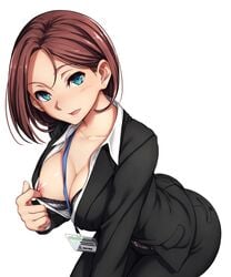 1girls ass blue_eyes bra breasts brown_hair brown_hair_girl_(nagioka) cleavage clothed earrings female formal formal_attire formal_clothes formal_wear girl_in_suit highres image jewelry lanyard large_breasts leaning_forward nagioka_(sblack) nipple_slip nipples office_lady open_mouth original red_hair short_hair simple_background solo suit underwear white_background woman_in_suit