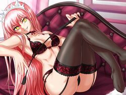 1girls bangs black_legwear blunt_bangs blush bow bow_bra bow_choker bra breasts choker cleavage couch eyelashes fate/grand_order fate_(series) female femdom floral_print garter_straps hair_between_eyes hair_ornament lingerie long_hair looking_at_viewer medb_(fate) medium_breasts panties pink_hair riding_crop sidelocks smile smug solo thighhighs tiara toenail_polish underwear underwear_only very_long_hair yellow_eyes zantyarz