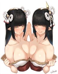 2girls black_hair blush breast_to_breast breasts cokuto1 collarbone female female_only hinoa licking_lips long_hair looking_at_viewer minoto monster_hunter monster_hunter_rise multiple_girls pointy_ears sisters straight_hair tagme twins undressing wyverian yellow_eyes