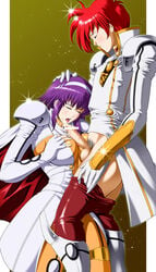 boobjob breasts cum cum_in_mouth fellatio french_kiss futuristic_clothing lambda_(langrisser) langrisser langrisser_v pubic_hair purple_hair red_hair sigma_(character)